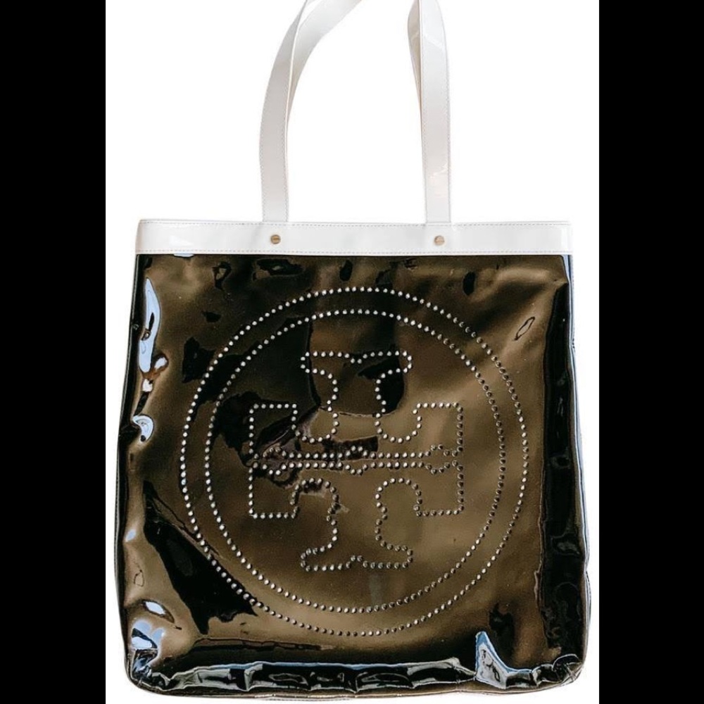 Tory Burch black and white patent leather large shoulder tote bag